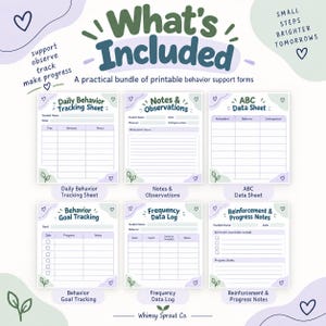 May include: A bundle of six printable behavior support forms featuring soft purple and green accents. The sheets include Daily Behavior Tracking, Notes & Observations, ABC Data Sheet, Behavior Goal Tracking, Frequency Data Log, and Reinforcement & Progress Notes with clear headings and tables.