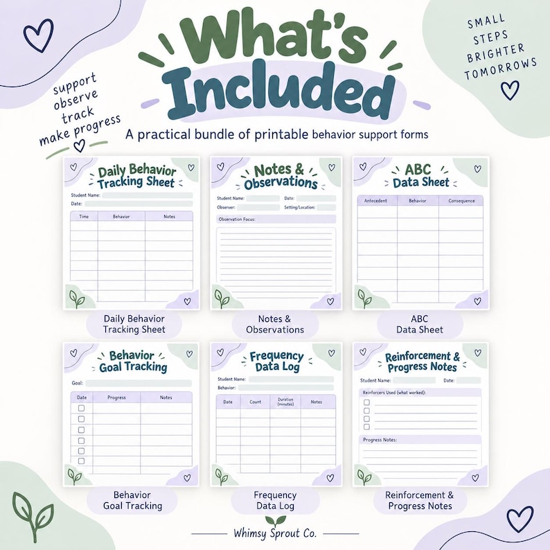 May include: A bundle of six printable behavior support forms featuring soft purple and green accents. The sheets include Daily Behavior Tracking, Notes & Observations, ABC Data Sheet, Behavior Goal Tracking, Frequency Data Log, and Reinforcement & Progress Notes with clear headings and tables.