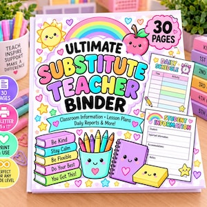 Substitute Teacher Binder Printable | Sub Survival Kit | Sub Plans Classroom Management Forms & Teacher Planner |  Substitute teacher binder