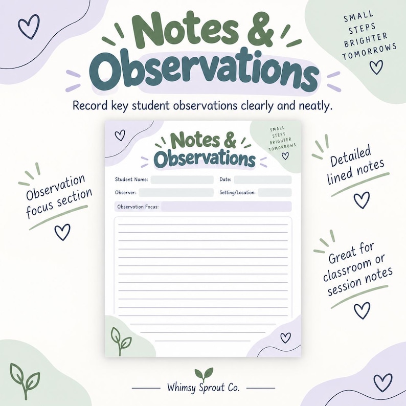 May include: A Notes & Observations paper form featuring a header with the text Notes & Observations and Small Steps Brighter Tomorrows. The form includes fields for student name, date, observer, setting, location, and observation focus, with lined space.