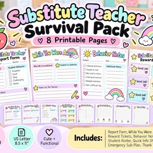Substitute Teacher Survival Pack | Printable Forms, Notes, Tickets (Digital Download)