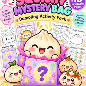 Pacchetto di attività stampabili con bustina misteriosa squishy / Pagine da colorare, carte da collezione e giochi a tema ravioli kawaii