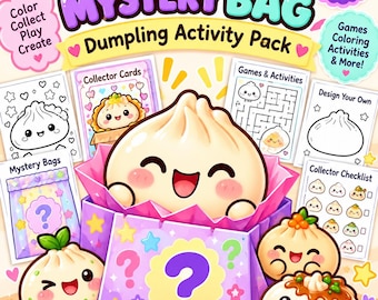 Überraschungstüte zum Ausdrucken: Aktivitätenpaket | Kawaii-Dumplings-Malvorlagen, Sammelkarten & Spiele