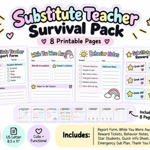 Kit de supervivencia para profesores sustitutos / Formularios, notas y tickets imprimibles (descarga digital)