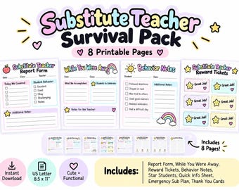 Substitute Teacher Survival Pack | Printable Forms, Notes, Tickets (Digital Download)