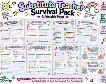 Substitute Teacher Survival Pack | Printable Forms, Notes, Tickets (Digital Download)