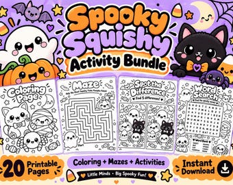 Gruseliges Halloween-Aktivitätenpaket mit Knetfiguren, Malvorlagen, Labyrinthen und Spielen (PDF-Download)
