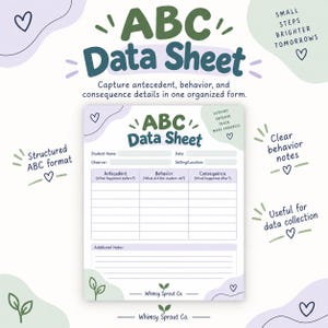 May include: An ABC Data Sheet form with fields for student name, date, observer, and setting. The document includes a table for recording antecedent, behavior, and consequence, plus an additional notes section, all branded by Whimsy Sprout Co.