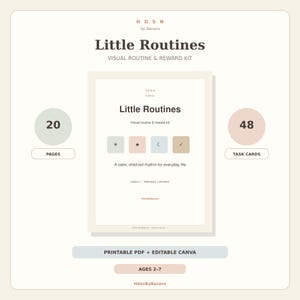 May include: A Little Routines visual routine and reward kit featuring 20 pages and 48 task cards. The design includes soft pastel icons of a sun, star, moon, and checkmark, with text indicating it is a printable PDF and editable Canva file for ages 2-7.