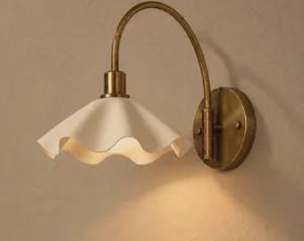 Mid Century Modern Brass Wall Sconce, Vintage Scalloped Vanity Light, Elegant Bedroom Wall Lamp, Solid Brass Fixture