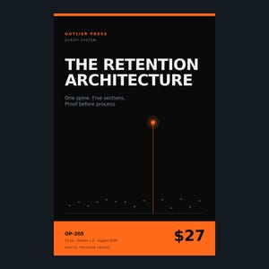 May include: A black rectangular book cover with orange accents. The text reads: OUTLIER PRESS, SCRIPT SYSTEM, THE RETENTION ARCHITECTURE, One spine. Five sections. Proof before process. OP-205, 15 pp, Edition 1.0, August 2026, DIGITAL FREEDOM CREBUS, $27.