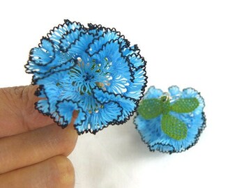 Blue Carnation Earrings, Turkish Needle Lace Earrings, Crochet Like Earrings, Fiber Jewelry, Oya Earrings