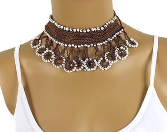 Boho Crochet Choker | Boho Jewelry | Beaded Crochet Choker | Women Choker Necklace | Crochet Jewelry | Crochet Necklace | Brown Lace Choker