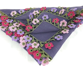 Foulard Oya turc - Violet uni - Bords de fleurs de marguerite au crochet - Foulard carré - Bandeau turban, boho Tribal gypsy