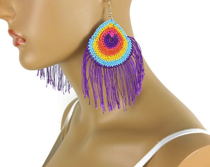 Crochet Earrings Boho Peacock Earrings,Earrings Crochet Boho Chic Large Earrings Crochet Dangle Earrings