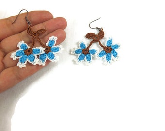 Blue and White Flower Earrings , Crochet Earrings, Crochet Jewelry,  Dangle Earrings,  Boho Hippie Jewelry ,  Spring Summer Jewelry