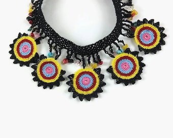 Bold Colors Unique Crocheted Beaded Black Choker Necklace - Boho Chic Statement Knitted Jewelry - Gift For Her - Textile Jewelry