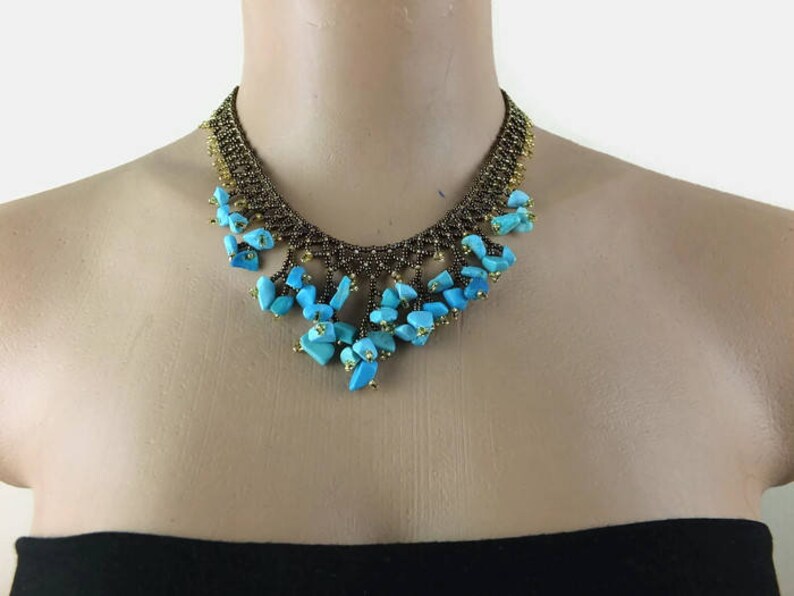 Beaded Necklace Beadwork Necklace Beaded Choker Blue And Brown Turkish Jewelry Gift For Her Christmas Gift