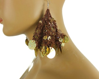 Brown Crochet Lace Earrings, Long Dangle Earrings, Sequined Earrings, Turkish Oya, Otantic Earrings, Boho Chic Gift For Her