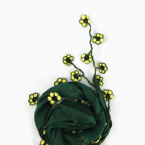 Spring Summer Green Cotton Scarf,  Womens foulard , Scarflette with crochet oya flowers , Green  scarflette,  Trendy Necklace  scarf