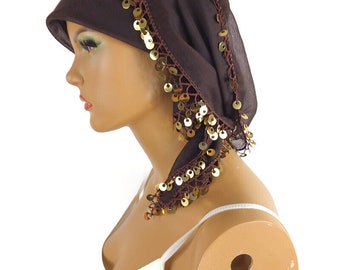 Dark Brown Oya Scarf, Crochet sequin trim, Turkish Oya scarf, Turban Headwrap, boho Tribal gypsy, Muslim head Scarf, Square Scarf