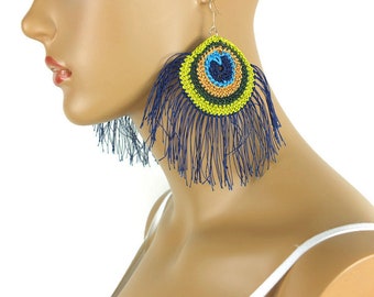 Boho Chic Large Crochet Earrings | handmade earrings |  Peacock earrings | Dangle Earrings | Unique hoop earrings |  Fringed Earrings