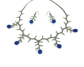 Ensemble collier et boucles d'oreilles en dentelle, bijoux Oya turcs, collier au crochet délicat comme de la dentelle et boucles d'oreilles assorties, bleu et vert