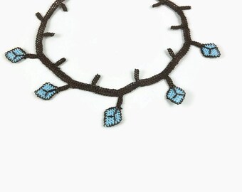 Blue And Brown Crocheted Leaves Choker Necklace, Turkish Needlework Lace Oya Jewelry, Statement Knitted Necklace