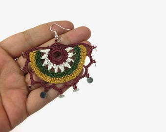Colorful Motif Earrings, Crochet Earrings,Boho Chic, Gypsy Earrings, Oya Earrings, Ethnic Earrings, Fiber Earrings, Crochet Jewelry