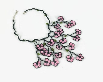 crocheté, collier rose au crochet, collier tricoté rose, collier en dentelle, collier d'été, bijoux oya turc, collier plastron, collier chic