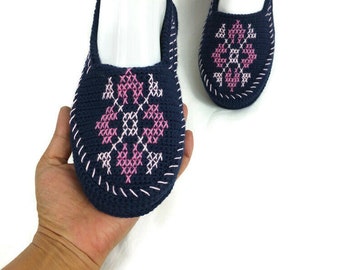 KNIT SHOES ADULTS - Crochet House Shoes - Non Slip House Shoe - Women Handknitted Slippers - Gift For Mother Navy Blue Knit Soft Slippers