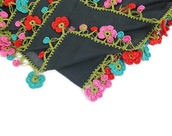 Turkish Oya scarf -  Black  Floral -   Crochet Flower Edges - Square Headscarf -  Turban Headwrap, boho Tribal gypsy