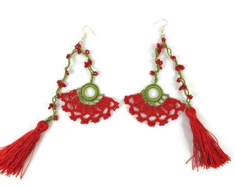 Long Dangling Oya Flower Thread Crochet earrings,  Red Tassel Earrings, Unique Earrings, Boho Chic , Gift For Her