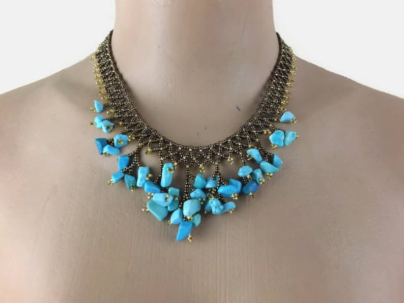 Beaded Necklace Beadwork Necklace Beaded Choker Blue And Brown Turkish Jewelry Gift For Her Christmas Gift