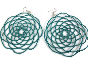 Large Round Earrings, Green Tatting Earrings, Dangle Earrings, Spider Web like Earrings, Crochet Earrings