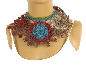 Écharpe fleurie au crochet, collier floral coloré, écharpe d'hiver maigre, écharpe colorée tricotée à la main