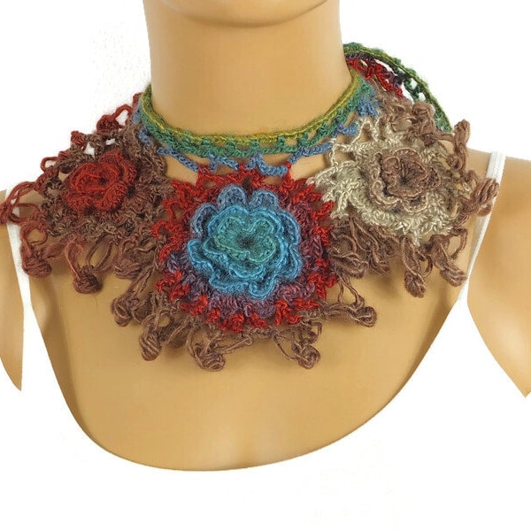 Écharpe fleurie au crochet, collier floral coloré, écharpe d'hiver maigre, écharpe colorée tricotée à la main