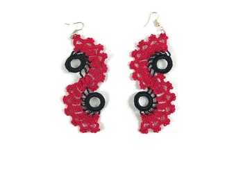 Hot Pink  and Black Spiral Earrings, Long Dangle Earrings , Crochet Lace Earrings, Turkish Oya ,Statement Crochet Jewelry, gift For Her
