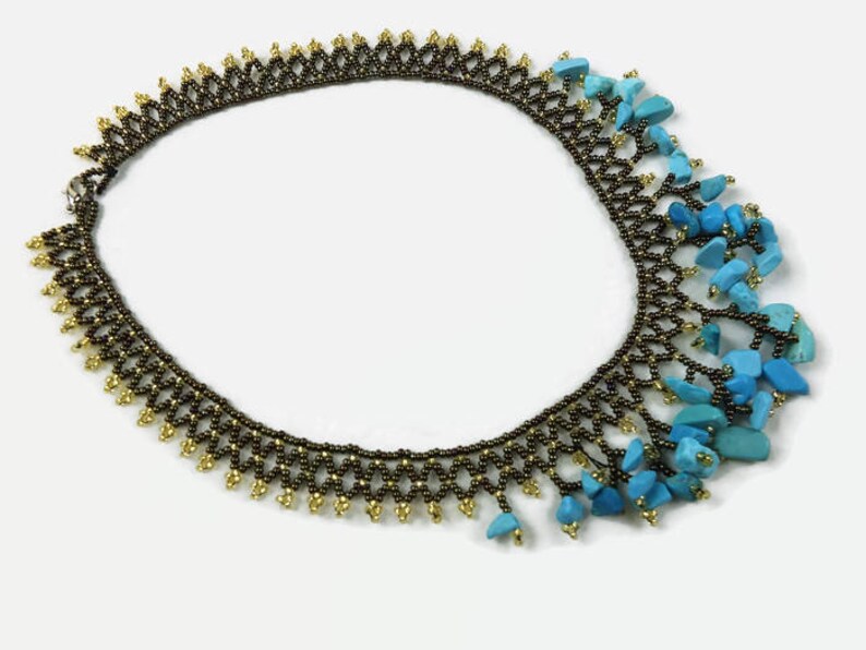 Beaded Necklace Beadwork Necklace Beaded Choker Blue And Brown Turkish Jewelry Gift For Her Christmas Gift