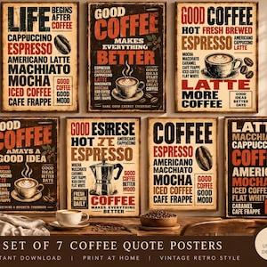 Puede incluir: Un conjunto de siete pósteres rectangulares de pared con tipografía e ilustraciones sobre el café. Cada póster muestra varios tipos de café como espresso, latte y mocha en colores negro, rojo y crema con una estética vintage desgastada.