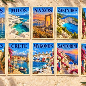 Puede incluir: Un conjunto de diez postales rectangulares con ilustraciones vibrantes de lugares griegos como Paros, Milos, Naxos, Zakynthos, Corfú, Rodas, Creta, Mykonos, Santorini y Atenas, cada una etiquetada con su nombre y la palabra Grecia en texto azul.