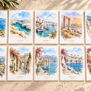 May include: A set of ten rectangular postcards featuring watercolour illustrations of Greek landscapes and coastal towns, including Kefalonia, Milos, Paros, Naxos, Zakynthos, Corfu, Rhodes, Crete, Mykonos, and Santorini, each labelled with its name and Greece.