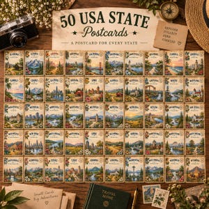 May include: A collection of 50 USA state postcards featuring illustrated landscapes and landmarks for each state. The set includes a sign reading 50 USA STATE Postcards, a small note saying EXPLORE COLLECT SEND CHERISH, and a vintage camera and compass.
