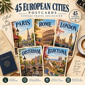 Peut inclure: Une collection de 45 cartes postales de villes européennes avec des designs de voyage vintage. L'ensemble comprend des cartes illustrées de Paris, Rome, Londres, Amsterdam et Barcelone, présentées avec un passeport, une carte et une tasse.
