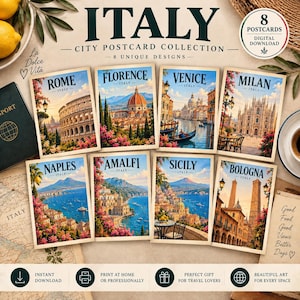 May include: A digital collection of eight postcards featuring illustrations of Italian cities including Rome, Florence, Venice, Milan, Naples, Amalfi, Sicily, and Bologna. Each postcard displays iconic landmarks, vibrant flowers, and scenic landscapes.