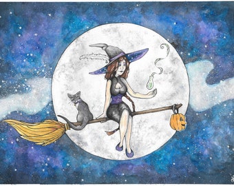 Witch in Flight Watercolor Print