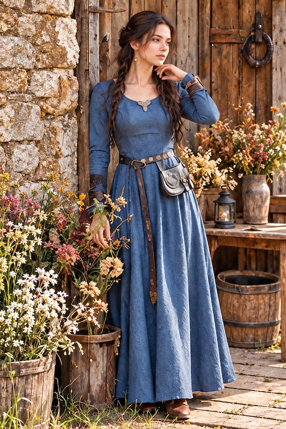 Medieval Cottagecore Maxi Dress, Long Sleeve Full Skirt Gown, Old World Style