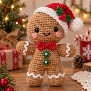 Puede incluir: Un muñeco de jengibre de ganchillo con cuerpo color canela, gorro de Papá Noel rojo con pompón blanco y hojas de acebo, pajarita roja, dos botones verdes, mejillas rosadas, ojos negros y detalles de glaseado blanco ondulado en brazos y piernas.