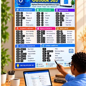 Peut inclure: Une affiche encadrée de raccourcis clavier et guide de référence rapide pour Microsoft Outlook 365, présentant des sections catégorisées pour la gestion des e-mails, la navigation, la recherche, le calendrier et les tâches.