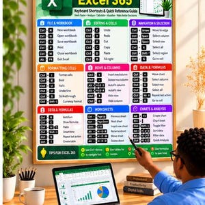 Aide-mémoire des raccourcis clavier Microsoft Excel 365, affiche A4 imprimable, guide de référence rapide Excel, téléchargement numérique PDF